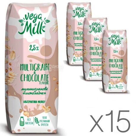 Vega Milk, Pack of 15 250 ml each, UHT cocoa multi-grain drink, 2.5%