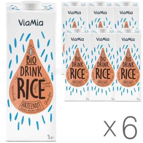 ViaMia, Bio Drink, Rice Hazelnut, 1 л, Упаковка 6 шт., ВіаМіа, Напій рисовий з фундуком органічний, без цукру і глютену