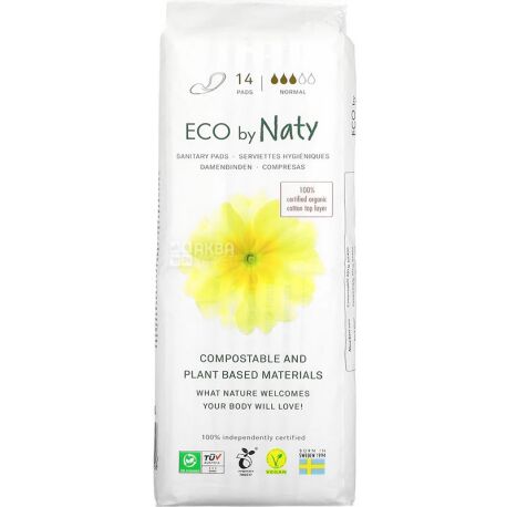 Eco by Naty, Cтандарт, 14 шт., Гігієнічні прокладки, без крилець, 3 краплі