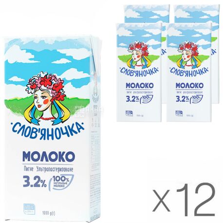 Слов'яночка, Молоко ультрапастеризоване 3,2%, 1 л, упаковка 12 шт.