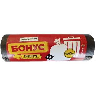 Бонус, 10 шт., 120 л, Пакеты для мусора, без затяжек, суперпрочные, ассорти
