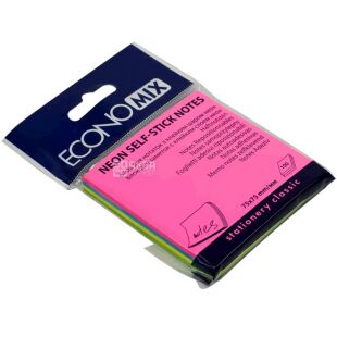 Economix, 100 аркушів, Економікс, Папір для записів Неон, асорті, з клейким шаром, 75х75 мм