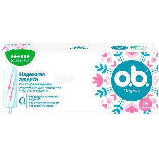 o.b., Original Super Plus, 16 шт., Тампоны без аппликатора, спиралевидные, 6 капель