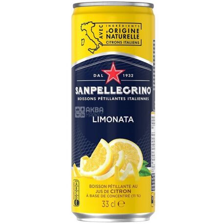 San Pellegrino, Limonata, 0,33 л, Соковмісний сильногазований напій, Лимон