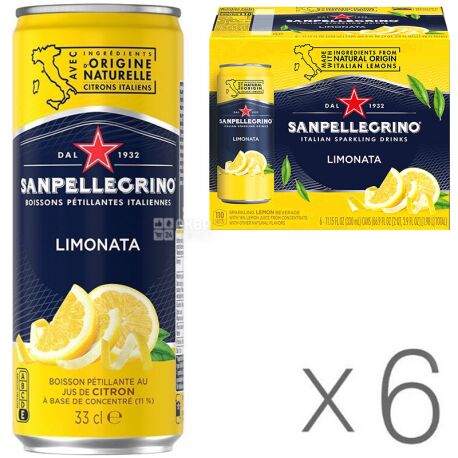 San Pellegrino, Limonata, Упаковка 6 шт. х 0,33 л, Соковмісний сильногазований напій, Лимон