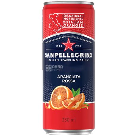 San Pellegrino, Aranciata Rossa, 0,33 л, Соковмісний сильногазований напій, Червоний апельсин