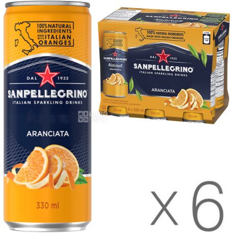 San Pellegrino, Aranciata, Упаковка 6 шт. х 0,33 л, Соковмісний сильногазований напій, Апельсин