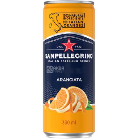 San Pellegrino, Aranciata, 0,33 л, Соковмісний сильногазований напій, Апельсин