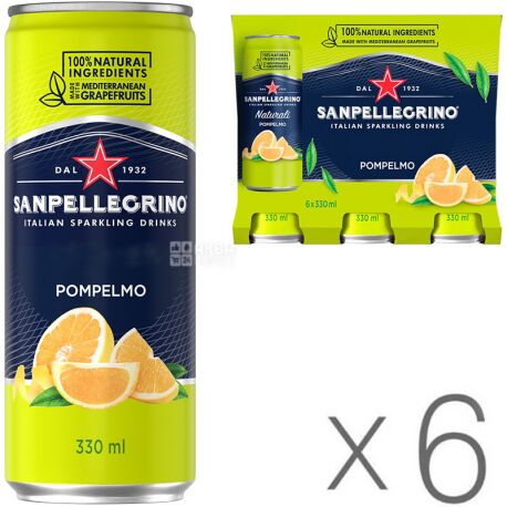 San Pellegrino, Pompelmo, Упаковка 6 шт. х 0,33 л, Сокосодержащий сильногазированный напиток, Желтый Грейпфрут