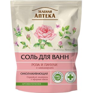 Зелена аптека, 500 г, Сіль для ванн, Троянда та пачулі з ламінарією