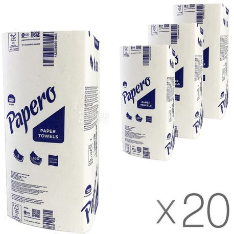 Papero, Бумажные полотенца Паперо, 2-х слойные, ZZ-сложения, белые, 20 упаковок х 200 шт., 225х 220 мм