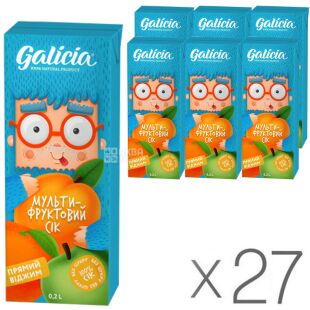 Galicia, Упаковка 27 шт. х  0,2 л, Сік Мультифруктовий з м'якоттю Галіція, без цукру, з трубочкою