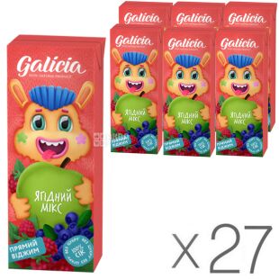 Galicia, Упаковка 27 шт. х 0,2 л, Сік з м'якоттю Ягідний мікс Галіція, без цукру, з трубочкою