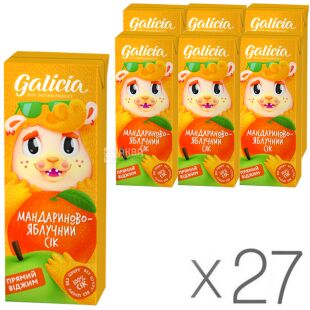 Galicia, Упаковка 27шт. х 0,2 л, Сік Мандариново-Яблучний з м'якоттю Галіція, без цукру
