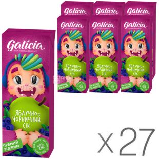 Galicia, Упаковка 27 шт. х 200 мл, Сік Яблучно-Чорничний з м'якоттю Галіція, без цукру, з трубочкою