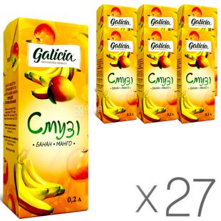 Galicia, Упаковка 27 шт. х 200 мл, Смузи Банан-манго, без сахара