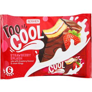 Roshen, Too Cool, Strawberry Splash, 6 х 45 г, Рошен, Тістечка бісквітні з полуничним кремом, глазуровані