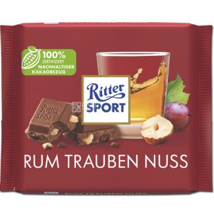 Ritter Sport, 100 г, Ритер Спорт, Молочный шоколад с ромом, изюмом и орехами