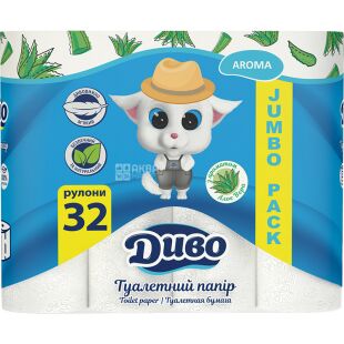 Диво, Aroma, 32 рул., Туалетний папір на гільзі, з ароматом алое вера, 2-шаровий, білий, 17,2 м