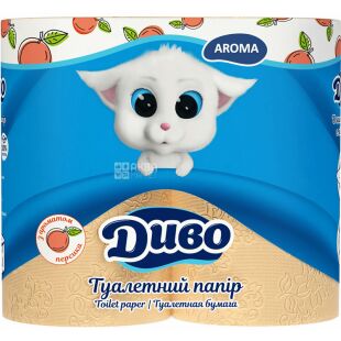 Диво, Aroma, 4 рул., Папір туалетний на гільзі, з ароматом персика, 2-шаровий, жовтий, 17,2 м