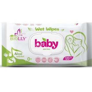 Biolly, Baby, 120 шт., Біоллі, Вологі серветки з алое для дітей, з клапаном