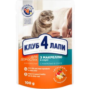 Club 4 Paws, 100 г, Влажный корм для взрослых котов, с макрелью в соусе