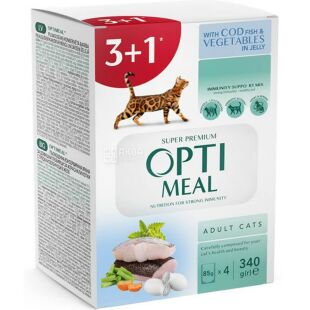 Optimeal, 4 х 85 г, Набір вологого корму для дорослих котів, з тріскою та овочами в желе