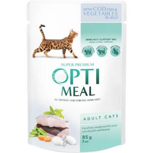 Optimeal, 4 х 85 г, Набір вологого корму для дорослих котів, з тріскою та овочами в желе