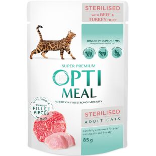 Optimeal, 85 г, Корм ​​для стерилізованих котів, з яловичиною та індичим філе в желе