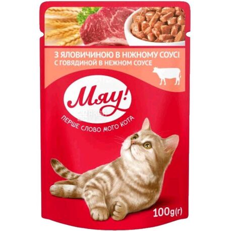 Meow 100 g Wet food for adult cats with beef in tender sauce