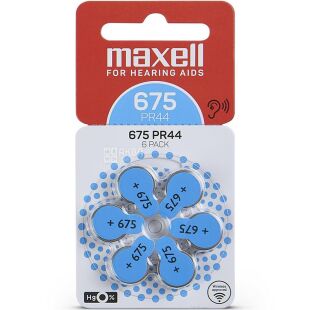 Maxell For hearing aids PR44, 6 шт., 1,45 V, Батарейки для слухових апаратів, сині №675