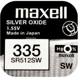 Maxell Silver Oxide 335, 1 шт., 1,55 V, Батарейка для годинника срібно-цинкова, SR512SW