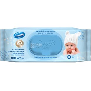 Smile Baby, 100 шт., Смайл, Серветки вологі для дітей, Ромашка та алое, з клапаном