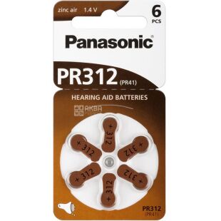 Panasonic Hearing Aid, PR41, 6 шт., Батарейки для слуховых аппаратов, коричневые №312
