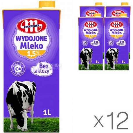 Mlekovita, упаковка 12 шт., по 1 л, Молоко безлактозное, ультрапастеризованное, 1,5%