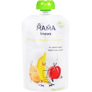 Mama knows Mango-Apple-Banana, 90 г, Пюре дитяче, Манго-Яблуко-Банан, без цукру, з 8-ми місяців