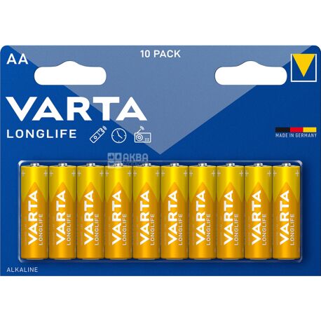 VARTA Longlife, AA, 10 шт., 1,5 V, Батарейки щелочные, LR6