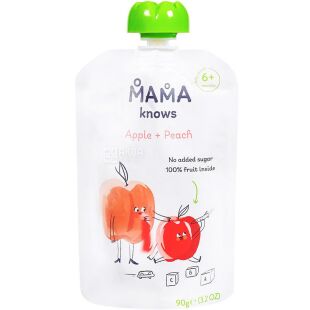 Mama knows Apple-Peach, 90 г, Пюре детское, Яблоко-Персик Мама ноуз, без сахара, с 6-ти месяцев
