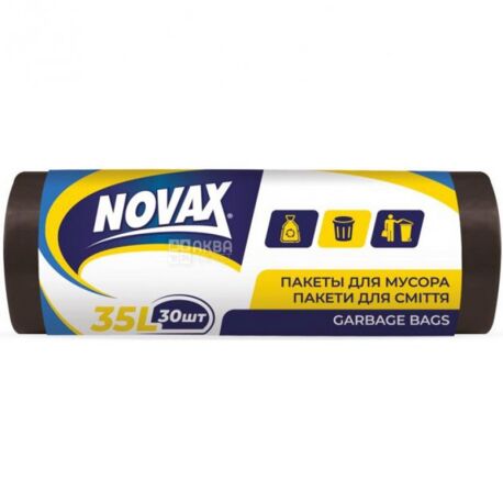 Novax Plus, 30 шт., 35 л, Пакеты для мусора Новакс Плюс, без затяжек, суперпрочные, ассорти