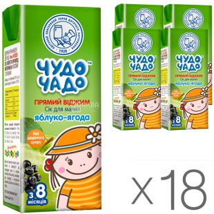 Чудо-Чадо, Упаковка 18 шт. х 0,2 л, Сік для дітей з 8-ти місяців Яблуко-Ягода, прямого віджиму, без цукру, з трубочкою