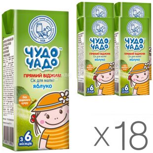 Чудо-Чадо, Упаковка 18 шт. х 0,2 л, Сік для дітей з 6-ти місяців Яблучнний, прямого віджиму, без цукру, з трубочкою