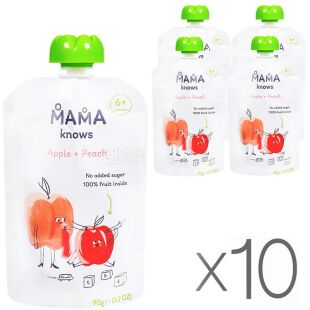 Mama knows Apple-Peach, Упаковка 10 шт. х 90 г, Пюре дитяче, Яблуко-Персик Мама ноуз, без цукру, з 6-ти місяців
