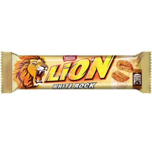 Lion White Rock, 42 г, Лайон Вайт Рок, Карамельно-вафельный батончик в белом шоколаде, в ассортименте