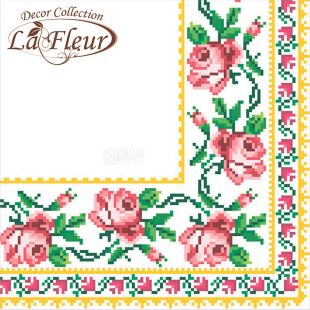 La Fleur Вышитая роза, 16 шт., Салфетки столовые Ла Флер, двухслойные, 33х33 см