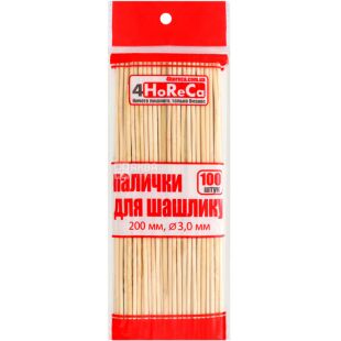 4HoReCa, 100 шт., Палочки для шашлыка, деревянные, 20 см