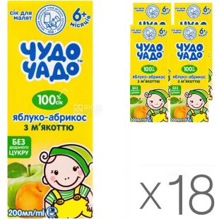 Чудо-Чадо, Упаковка 18 шт. х 0,2 л, Сік для дітей з 6-х місяців Яблуко-Абрикос з м'якоттю, з трубочкою