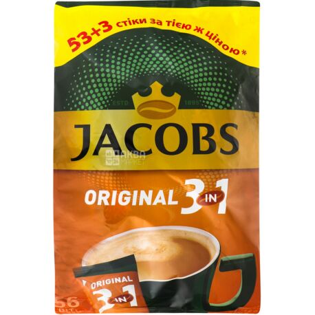 Jacobs 3 в 1 Original, 56 шт. х 12 г, Кофе Якобс Ориджинал, растворимый в стиках