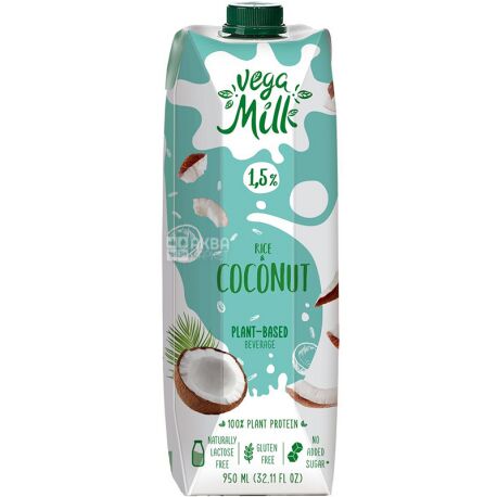 Vega Milk, 950 мл, Напій рисово-кокосовий ультрапастеризований, 1,5 %