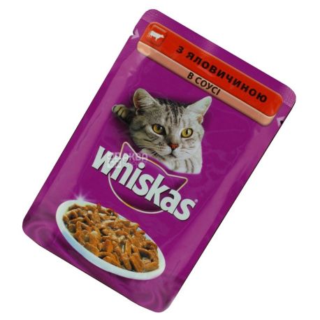 Whiskas, 100 г, корм, для котов, с говядиной в соусе