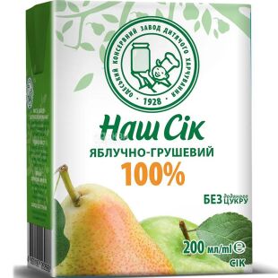 Наш сок, 0,2л, Сок Яблочно-Грушевый, без сахара, с трубочкой